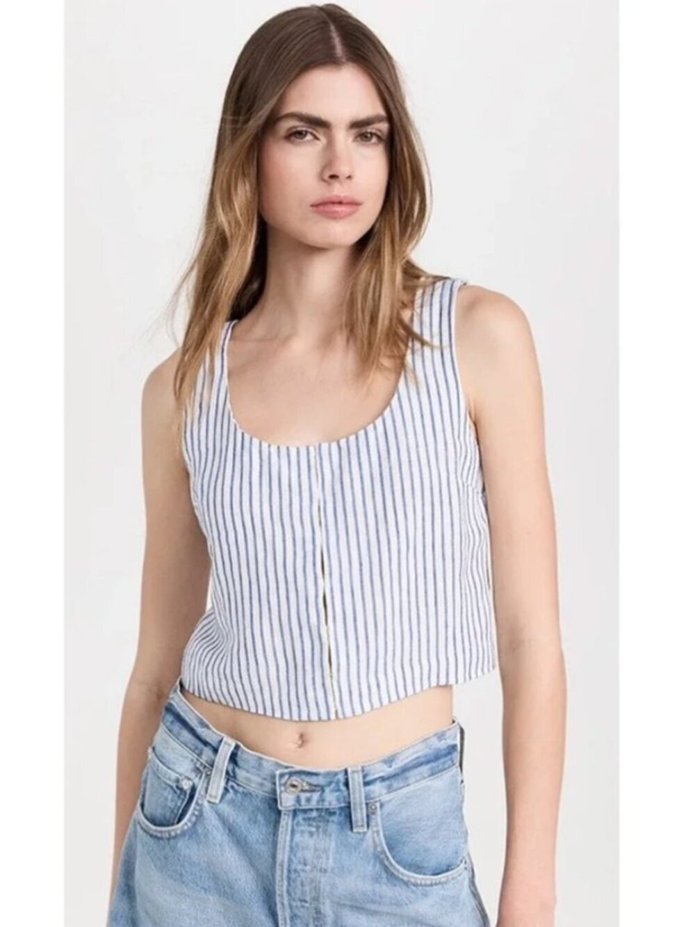 Madewell Scoopneck Top Crop Tank 100% Linen Bluestone Blue White Striped NWT 8